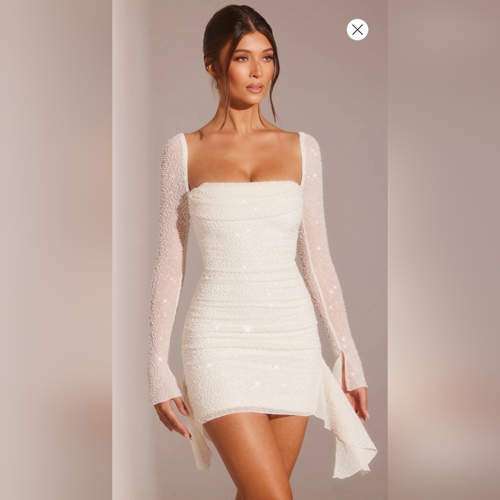 Oh Polly Long Sleeve Embellished Cowl Neck Mini Dress in White - 8
